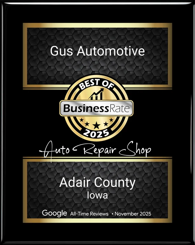 BusinessRate Best of 2025 Auto Repair Shop, Adair County Iowa award plaque for Gus Automotive