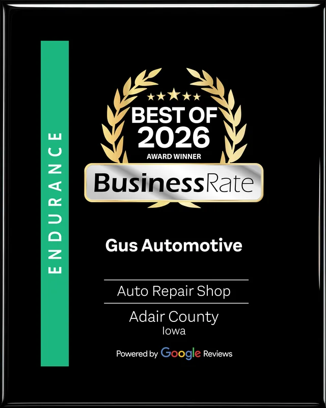 BusinessRate Best of 2026 Auto Repair Shop, Adair County Iowa award plaque for Gus Automotive